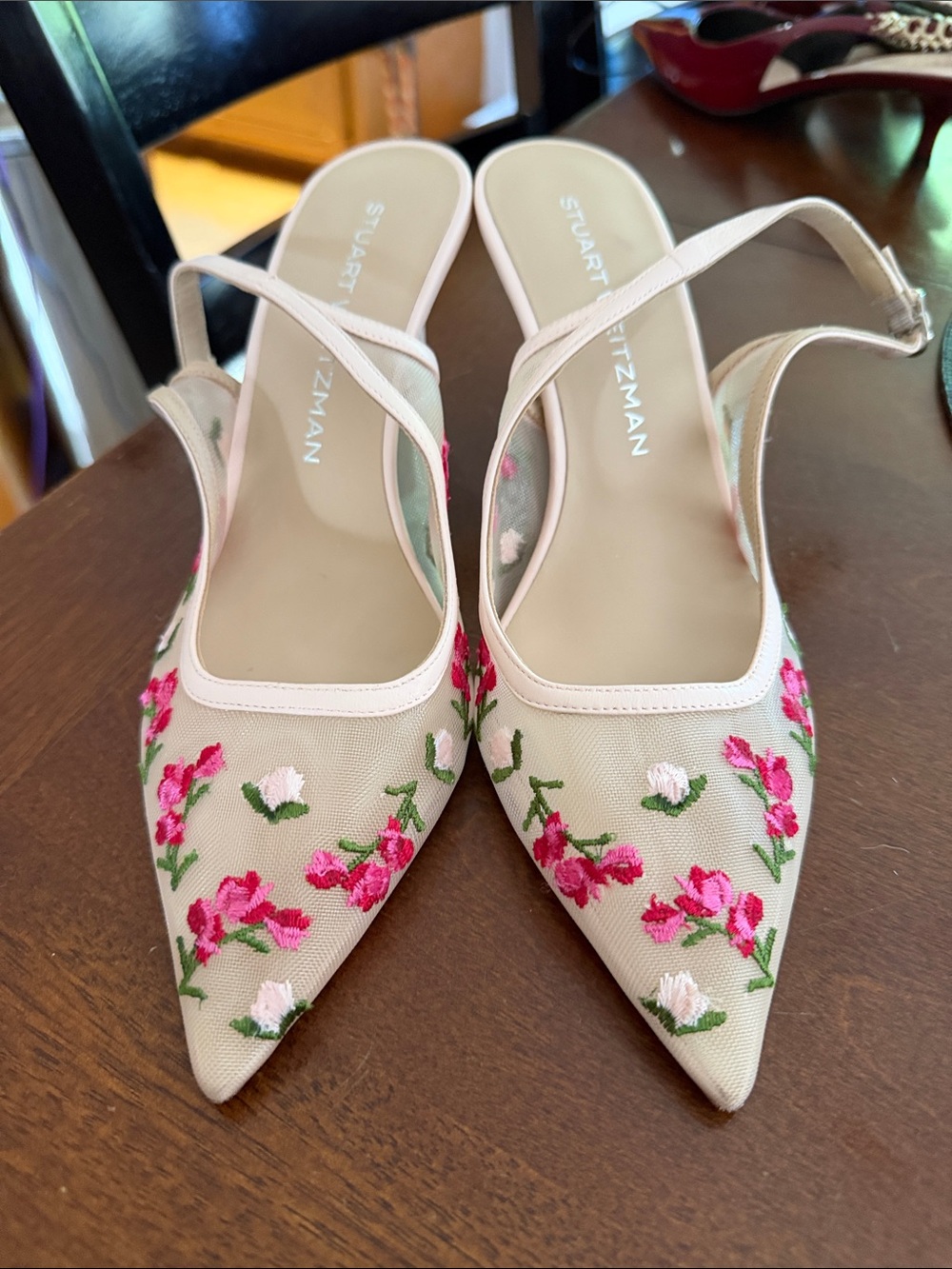 Stuart Weitzman Beige Mesh Slingback Flats with Pink Floral Embroidery